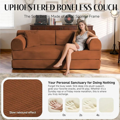 79'' Convertible Sofa Bed, 6 in 1 Folding Floor Futon Couch Sleeper with Fixed Frame, Corduroy Modular Sofa Bed with Removable Armrests & Pillows, No Assembly for Living Room Bedroom (Orange)