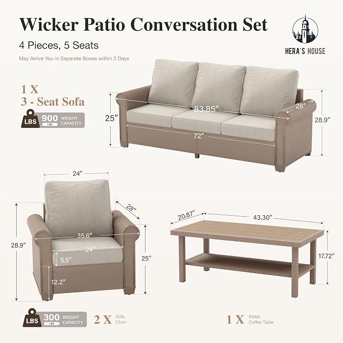 HERA'S HOUSE Patio Furniture Set, 4 x Cushioned Chairs, 3-Seat Sofa with Wood Grain Coffee Table, 5 Seats Luxury Windsor Style All Weahter Outdoor Sofa Conversation Set for Deck Lawn Backyard