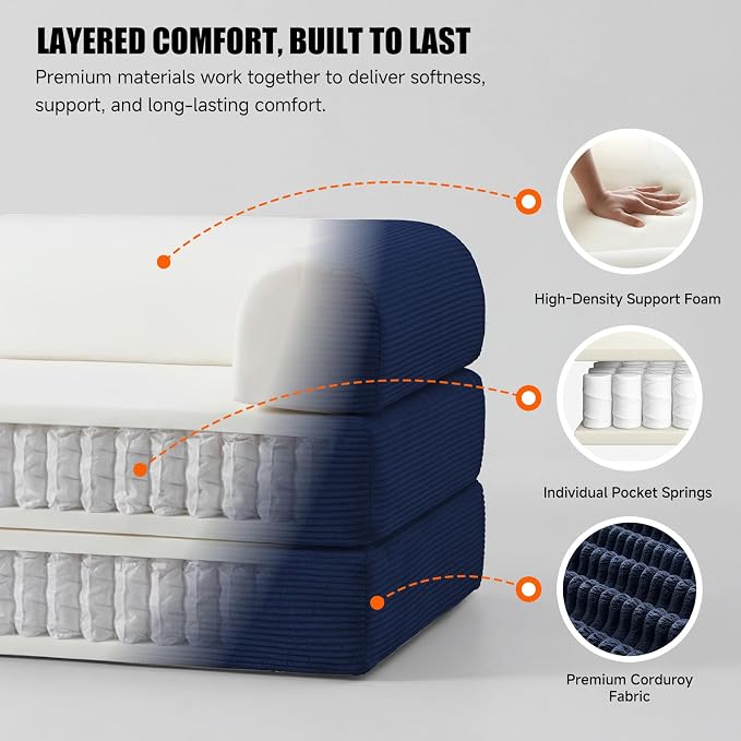 79" Convertible Sleeper Sofa Bed, Corduroy Boneless Fold-Out Couch in a Box, 4-in-1 Loveseat/Futon Couch, High-Density Foam, No Assembly, Side Pockets, 2 Pillows for Small Spaces, Blue
