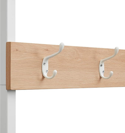 Linon Shaymus White Metal Hall Tree with Natural Wooden Topped Bench and Shelf with Multiple Hanging Hooks
