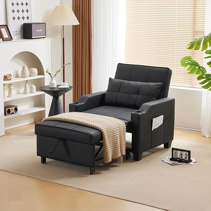 VINGLI Sleeper Chair 3-in-1 Convertible Sofa Bed Adjustable Recliner Sofa Modern Pull Out Couch Bed with 2 USB Ports 2 Cup Holders 2 Side Pockets for Living Room Bedroom Small Spaces, Black