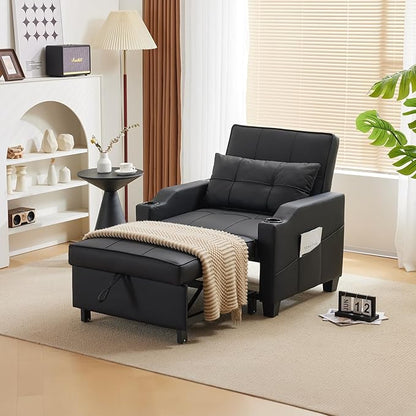 VINGLI Sleeper Chair 3-in-1 Convertible Sofa Bed Adjustable Recliner Sofa Modern Pull Out Couch Bed with 2 USB Ports 2 Cup Holders 2 Side Pockets for Living Room Bedroom Small Spaces, Black