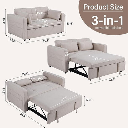HAOMARKETS 3 in 1 Convertible Sleeper Sofa Bed, Loveseat Chaise Lounge with Pullout Bed, 2-Seater Futon Couches with Storage Pockets, 3-Level Adjustable Backrest and Pillows for Living Room, White