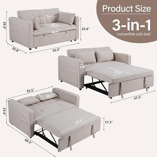 HAOMARKETS 3 in 1 Convertible Sleeper Sofa Bed, Loveseat Chaise Lounge with Pullout Bed, 2-Seater Futon Couches with Storage Pockets, 3-Level Adjustable Backrest and Pillows for Living Room, White