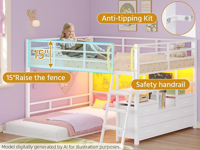 busyaeh Low Bunk Bed,Bunk Bed Full Over Twin with 8 Drawers & 4 Shelves | bunk Bed with Desk & 15" H Safety Guardrail & LED Lights and Charging Station,L-Shaped Bunk Beds with Stairs,White bunk bed