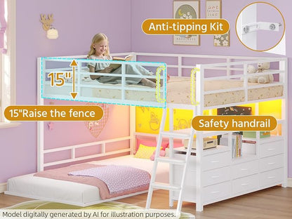 busyaeh Low Bunk Bed,Bunk Bed Full Over Twin with 8 Drawers & 4 Shelves | bunk Bed with Desk & 15" H Safety Guardrail & LED Lights and Charging Station,L-Shaped Bunk Beds with Stairs,White bunk bed