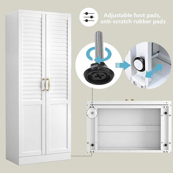 Metal Pantry Cabinet with 4 Adjustable Shelves for Kitchen Storage | Seamless One-Piece Louver Door with Furniture-Style Appeal,Stress-Free Assembly,Stable Design with Floor Protection