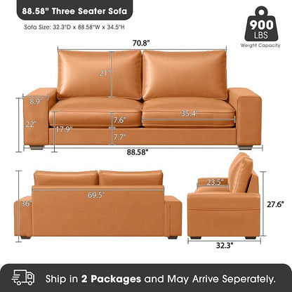 Valthie Faux Leather Couch, Mid Century Modern Comfy Loveseat Sofa with Wide Arm, Side Pockets, Solid Wooden Frame for Office, Living Room and Bedroom, 3 Seater (Brown, 88.58 inches)