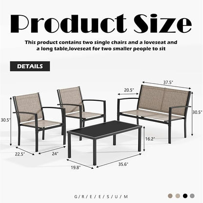 Greesum 4 Pieces Patio Furniture Set, Outdoor Conversation Sets for Patio, Lawn, Garden, Poolside with A Glass Coffee Table, Brown