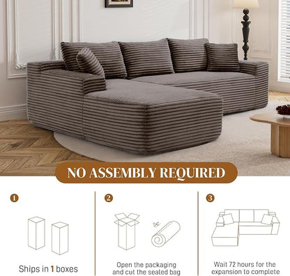 95" L Shaped Boneless Sectional Couches, Wide Armrest, Deep Seat, Memory Foam, Assembly Free, Modern Comfy Corduroy Fluffy Cloud Sofa with Left Chaise for Living Room, Small Spaces, Brown