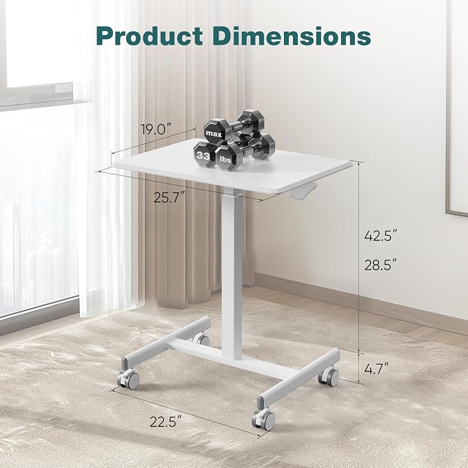 DUMOS Mobile Rolling Desk with Wheels Adjustable Height Small Standing Desks Portable Laptop PC Table Computer Workstation for Home Office Small Space White