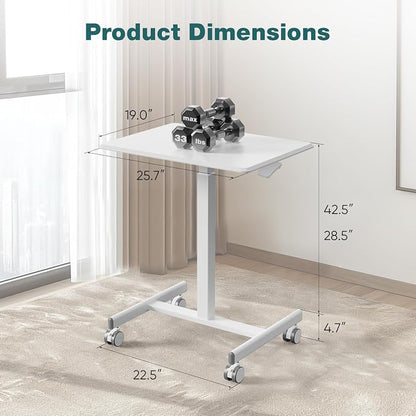 DUMOS Mobile Rolling Desk with Wheels Adjustable Height Small Standing Desks Portable Laptop PC Table Computer Workstation for Home Office Small Space White