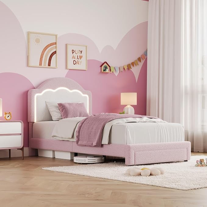 IDEALHOUSE Twin Bed Frame with LED Headboard and Under-Bed Drawer, Boucle Fabric Upholstered Platform Bed with LED Light for Kids, Girls, Wooden Slats Support, No Box Spring Needed, Pink