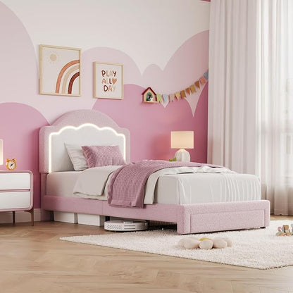 IDEALHOUSE Twin Bed Frame with LED Headboard and Under-Bed Drawer, Boucle Fabric Upholstered Platform Bed with LED Light for Kids, Girls, Wooden Slats Support, No Box Spring Needed, Pink