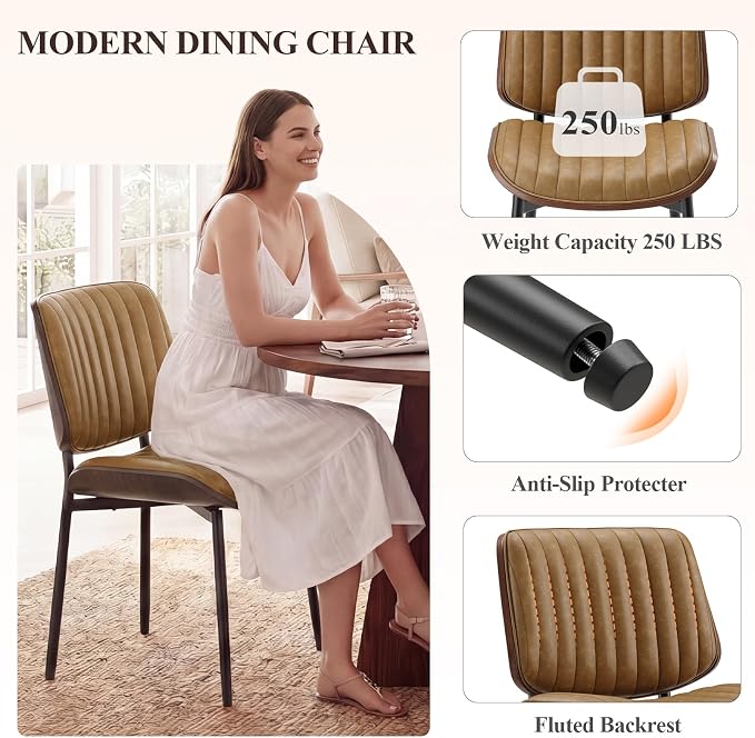 MALOL Leather Dining Chairs Set of 4, Modern Upholstered Dining Room Kitchen Chairs with Metal Legs and Wooden Back Support for Home Dining Room/Restaurant, Light Brown