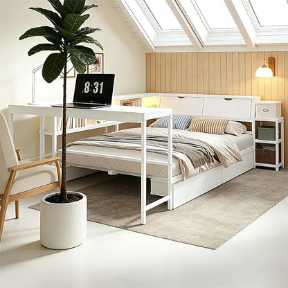 Bellemave Full Size Corner Bed Frame with Storage Bookcase & 2 Drawers, Modern Metal Full Daybed with LED Lights & Charging Station, Reversible Full Corner Bed with Desk for Space-Saving, White