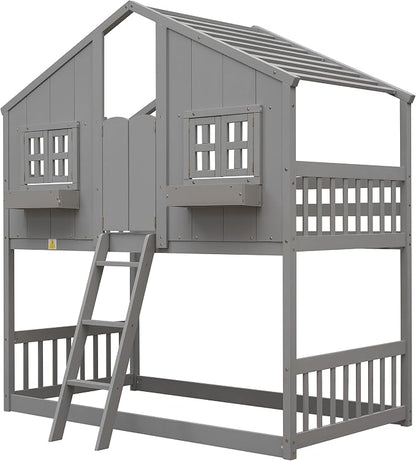 GDFStudio Twin Over Twin House Bunk Bed with Roof,Windows,Door,Window Boxes,Safety Guardrails & Ladder,Pine Wood Frame,Low-Height Kids Bunk Beds for Bedrooms,Playful Loft Bed with Easy Assembly, Grey