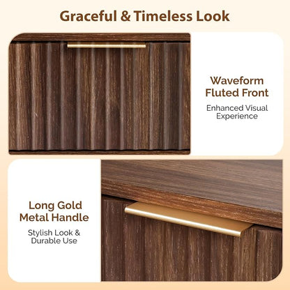 VINGLI Night Stand, Fluted Nightstand Wood, Mid Century Modern Nightstand for Bedroom, Bedside Table, Wood Side Table, Small Night Stand Walnut, 15.75" W*11.81" D*21.85" H