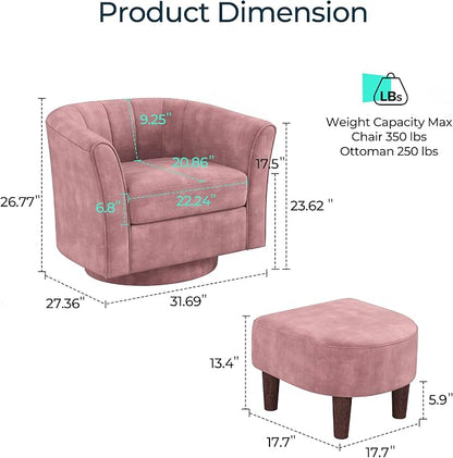 LINSY Swivel Accent Chair Ottoman Set: Velvet Larege Barrel Chair with Foot Rest, Modern Reading Chair Upholstered Armchair with Footrest for Living Room Bedroom Study Room Office (Pink)