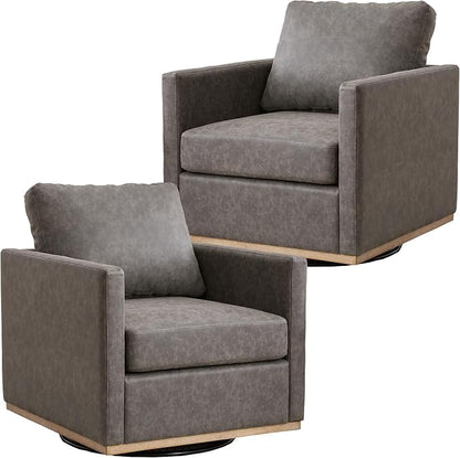 Swivel Accent Chair Set of 2, 360 Degree Square Swivel Chair for Living Room, Mid Century Modern Upholstered Barrel Chair,Comfy Sofa Armchairs for Bedroom,Nursery,PU Leather, Gray