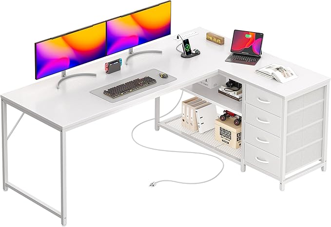PRAISUN 53" L Shaped Desk with Power Outlets & USB-C Port, Reversible Computer Corner Office Desk with 4 Fabric Drawers and 2 Storage Shelves, Large Desk for Gaming Writing Work Study, White