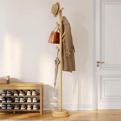 Freestanding Coat Rack, Solid Wood Coat Tree with 8 Smooth Rounded Hooks, Adjustable Height Heavy Duty Coat Rack with Dual-Layer Base, Holds Coats Hats Bags for Entryway, Bedroom, Living Room