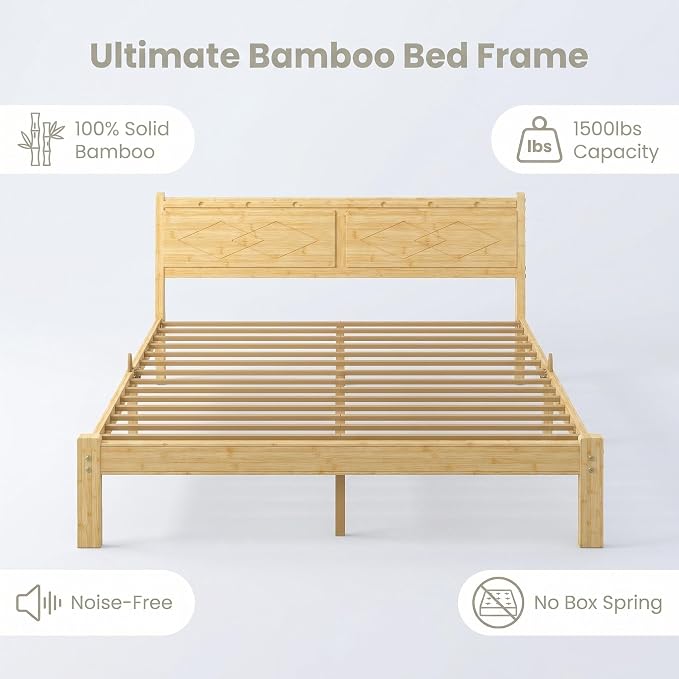 Askeld 14 inch Bamboo King Bed Frame with Headboard, Light Cottagecore Solid Wood Platform Bed No Box Spring Needed, Easy Assembly, Noise Free