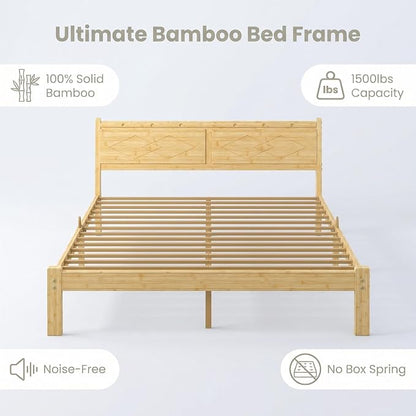 Askeld 14 inch Bamboo King Bed Frame with Headboard, Light Cottagecore Solid Wood Platform Bed No Box Spring Needed, Easy Assembly, Noise Free