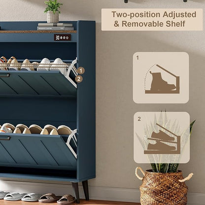 ChooChoo Shoe Storage Cabinet with 4 Flip Drawers, Deodorizing Shoe Organizer Storage for Entryway, Freestanding Hidden Slim Narrow Shoe Rack Cabinet, Blue