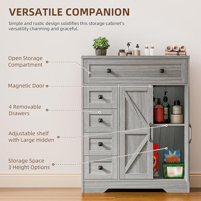 Vabches Farmhouse Storage Cabinet with 2 Doors and 5 Drawers, Freestanding Bathroom Cabinets Kitchen Pantry, Floor Storage Cabinet Hutch Cupboard for Living Room/Bathroom/Kitchen.Wash Grey