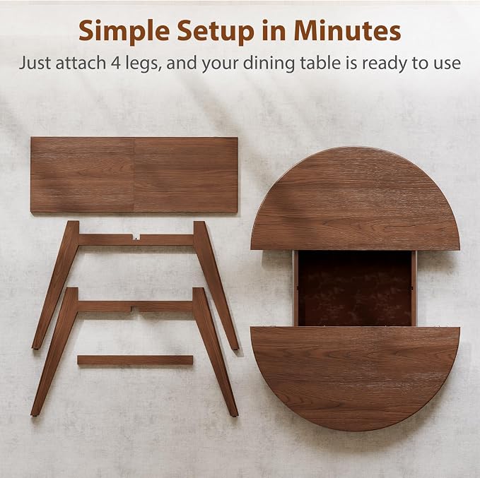 Solid Wood Round Extendable Dining Table, 43″-59″ Expandable Dining Table for 4-8, Oval Extendable Dining Room Table with Hidden Storage, Oval Dining Tables with Leaf, Walnut Round Kitchen Table