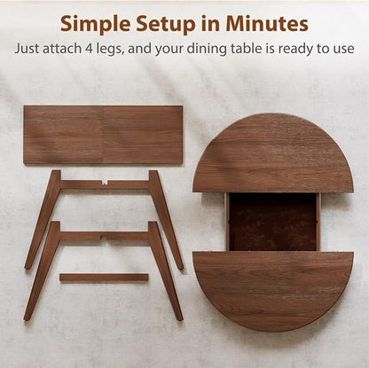 Solid Wood Round Extendable Dining Table, 43″-59″ Expandable Dining Table for 4-8, Oval Extendable Dining Room Table with Hidden Storage, Oval Dining Tables with Leaf, Walnut Round Kitchen Table
