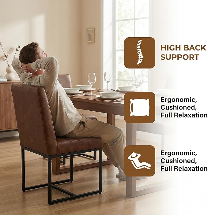 VESCASA Faux Leather Upholstered Dining Chairs with Black Metal Frame, Mid Century Modern Padded Kitchen Chair with Adjustable Foot Pads for Restaurant, Dining Room, Set of 6, Brown