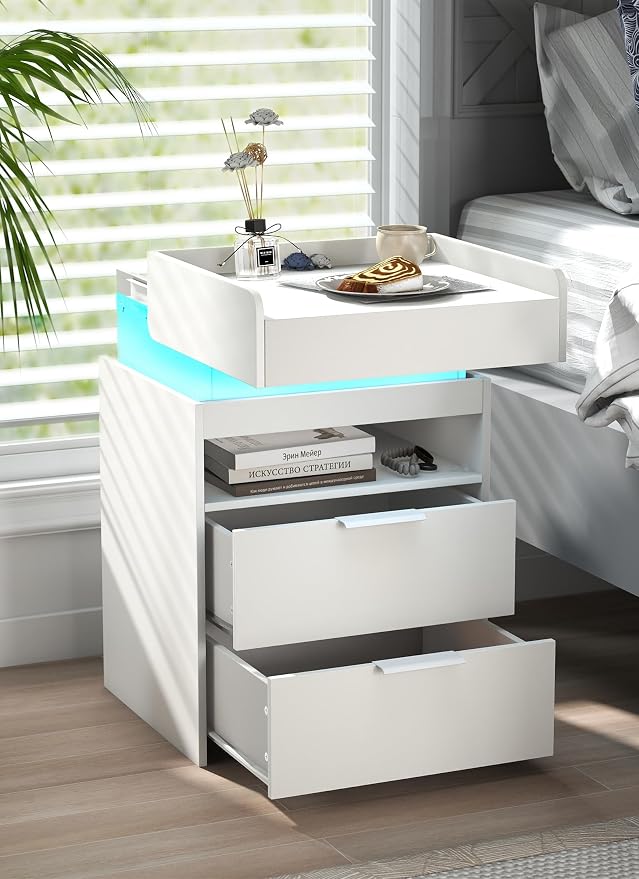 White Nightstand with Charging Station, Hidden Sliding Top Compartment with USB-C, 2 USB Ports & 2 Outlets, Modern Night Stand with Drawers for Bedroom