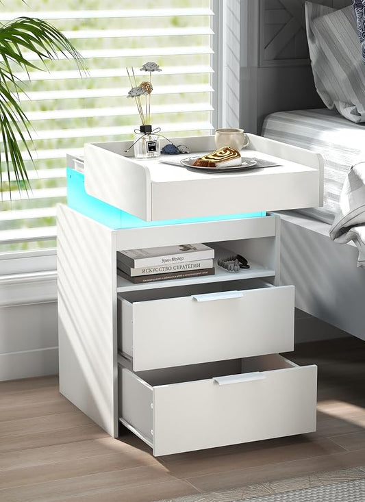 White Nightstand with Charging Station, Hidden Sliding Top Compartment with USB-C, 2 USB Ports & 2 Outlets, Modern Night Stand with Drawers for Bedroom