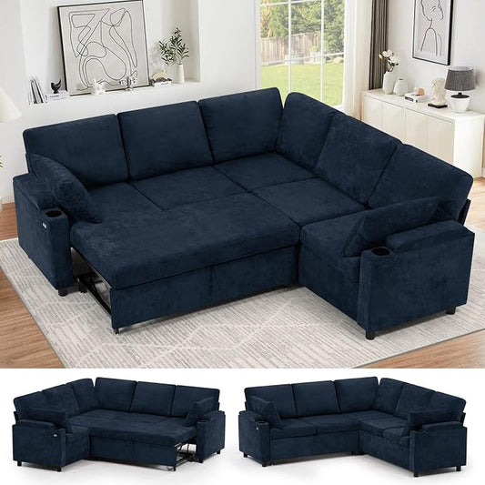 85" Chenille Sectional Sofa w/Pull Out Bed & Storage Space, Blue | Upholstery L Shaped Couch w/Cup Holders, Modern Corner Sofa w/USB Charging Port & Throw Pillow for Living Room