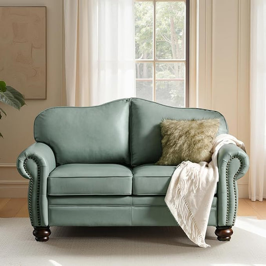 60" Wide Genuine Leather Chesterfield Loveseat, 2 Seat Leather Sofa with Rolled Arms, Nailhead Trim for Living Room Furniture, Easy Assembly – Sage