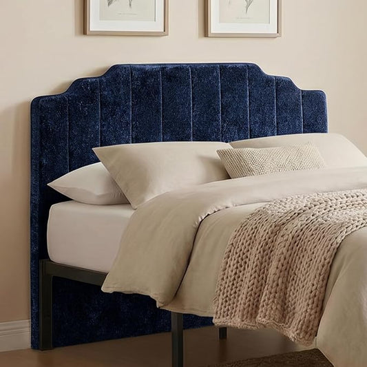 Queen Headboard Only - Blue Velvet Upholstered Headboard for Bed, No Assembly Required, Pure Sponge Design, Comfort Head Board, Place Between Bed & Wall, Vertical Stripe with Stepped Crown Top Edge