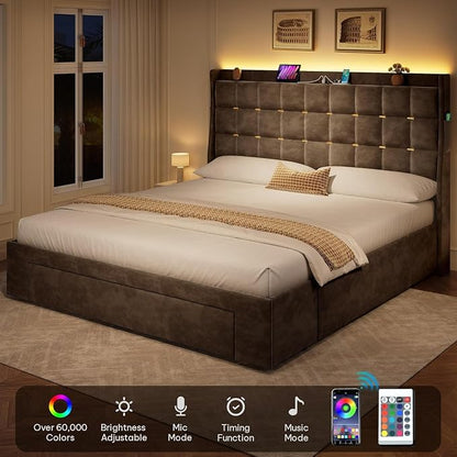 YITAHOME Queen Size Bed Frame with 3 Storage Drawers and RGB LED Lights, Velvet Upholstered Bed with Charging Station and Storage Headboard, No Box Spring Needed, Easy Assembly, Noise-Free, Grey
