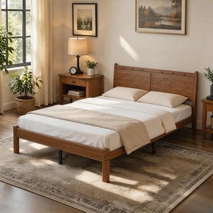 Askeld 14 inch Bamboo Queen Bed Frame with Headboard, Light Cottagecore Solid Wood Platform Bed No Box Spring Needed, Easy Assembly, Noise Free, Light Walnut Color