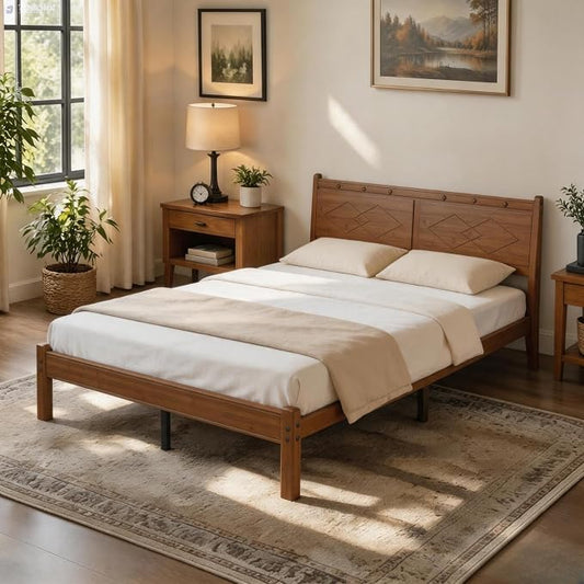 Askeld 14 inch Bamboo Queen Bed Frame with Headboard, Light Cottagecore Solid Wood Platform Bed No Box Spring Needed, Easy Assembly, Noise Free, Light Walnut Color