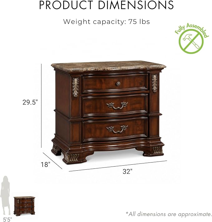 Furniture of America Clairibel Wood 3-Piece Bedroom Set, King-Size Bed with Button-Tufted Headboard, Marble Top Nightstand & Dovetail Drawers, Box Spring Required, Brown Cherry