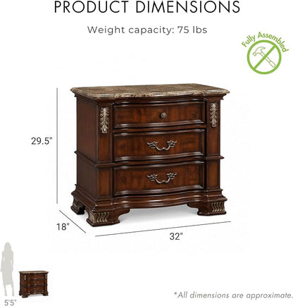 Furniture of America Clairibel Wood 3-Piece Bedroom Set, Queen-Size Bed with Button-Tufted Headboard, Marble Top Nightstand & Dovetail Drawers, Box Spring Required, Brown Cherry