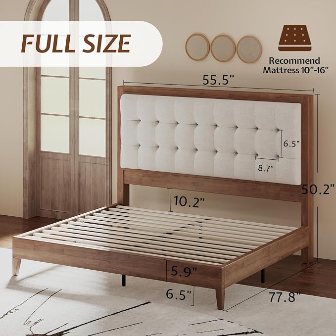 Jocisland Solid Wood Full Size Bed Frame 50.2" Tall Upholstered Headboard, Mid-Century Style, Stable Platform Support, No Box Spring Needed, Walnut