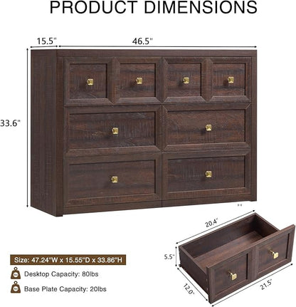 3 Piece Bedroom Set - Includes 6 Drawer Dresser and 3 Drawer King Size Nightstands Set of 2 with Charging Station, 3 Piece Farmhouse Dresser and Nightstand Sets,Brown