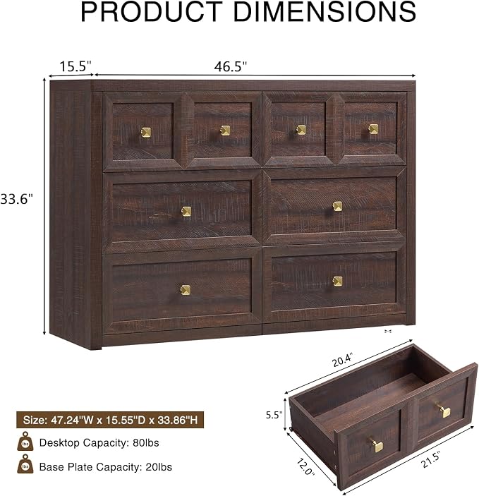 6 Drawers Dresser for Bedroom-46.5" Wide Wooden Chest of Drawers with Large Storage, Long Dresser TV Stand with Drawers, Farmhouse Closet Dressers for Living Room Bedroom, Brown
