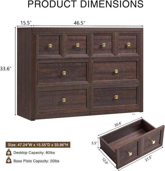 6 Drawers Dresser for Bedroom-46.5" Wide Wooden Chest of Drawers with Large Storage, Long Dresser TV Stand with Drawers, Farmhouse Closet Dressers for Living Room Bedroom, Brown