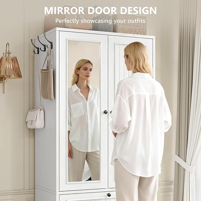 Feonase Armoire Wardrobe Cabinet with Mirror and Drawer, 70" 2-Door Wooden Closet Organizer for Bedroom Storage, White