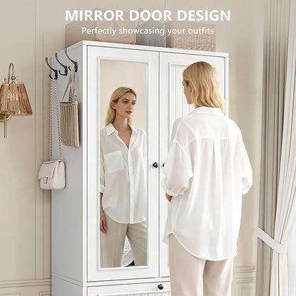 iPormis Wood Armoire Wardrobe Closet with Mirror Door and Drawer, 2 Doors Bedroom Storage Cabinet for Hanging Clothes, White