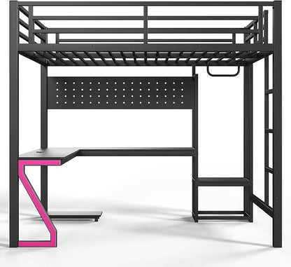 Bellemave Full Size Loft Bed with Desk and USB Ports, Computer Tray, Peg Board LED, Metal Full Loft Bed Frame for Adults, Kids, Teens, Black